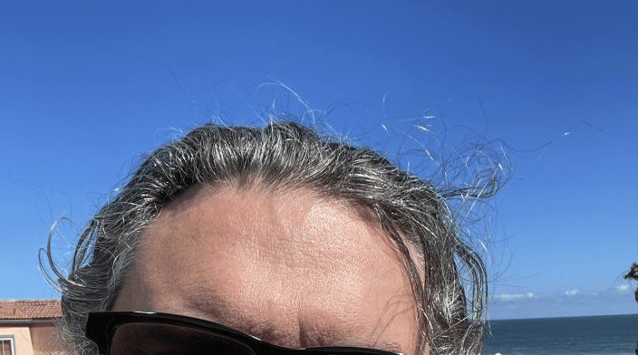 Close up of Nick. He has a friendly smile. Nick is wearing a light blue shirt, has longer, mostly dark hair, and a matching beard. The beach can be seen in the background.