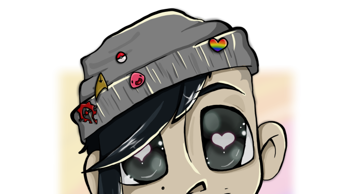 An anime-style artistic rendering of Meg. Caucasian with short black hair peaking out of a beanie covered in pins representing World of Warcraft, Star Trek, Slime Rancher, Pokémon, and Gay Pride. They are smiling softly and have hearts in their eyes and are wearing a black hooding with the Universal Access logo on it.
