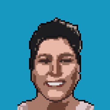 Blanca Ortega is a white woman in her 40's with short curly dark hair, a big smile and bigger sense of humour. This is a 64-bits recreation of a close-up pic of her face, with a light blue plain background.